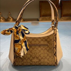 Coach Tan and Cream Signature Shoulder Bag With Purse Scarf
